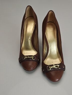 Coach Brown Leather Pumps with Gold Horsebit Accent
